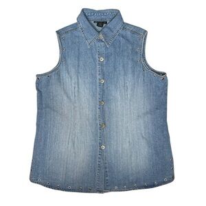 ASHLEY STEWART Vintage Cotton Grommet Trim Collard Sleeveless Button Up Blouse